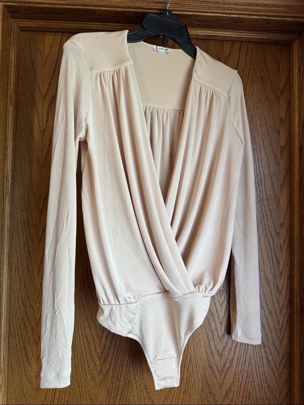 Draped V-Neck Nude Long Sleeve Bodysuit